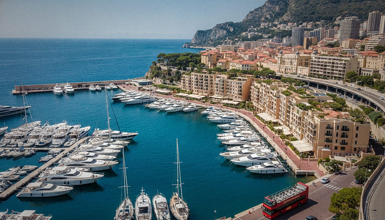 Bus Hop-On Hop-Off à toit ouvert garé près du Port Hercule à Monaco, prêt à embarquer les passagers