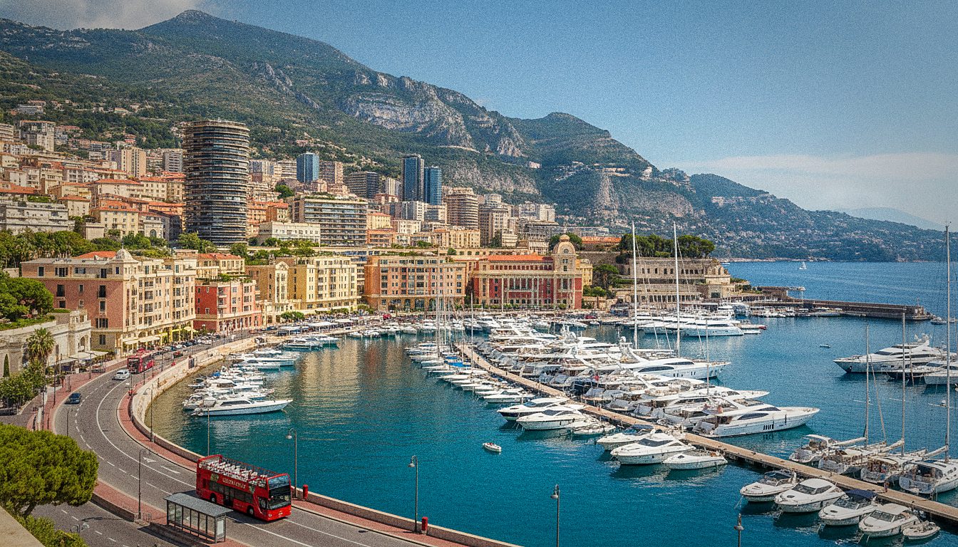 Bus Hop-On Hop-Off à toit ouvert quittant l'arrêt du Port Hercule à Monaco, entouré de yachts